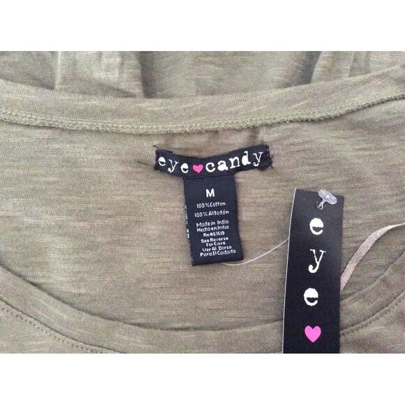 Eye Candy Women’s Size Medium Olive Green Cap Sequined Sleeve Top Scoop Neck Pep - Picture 5 of 7